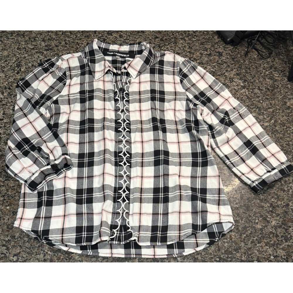 Karl Lagerfeld Paris Plaid Scallop Trim Button Down Shirt Pink Black White Large